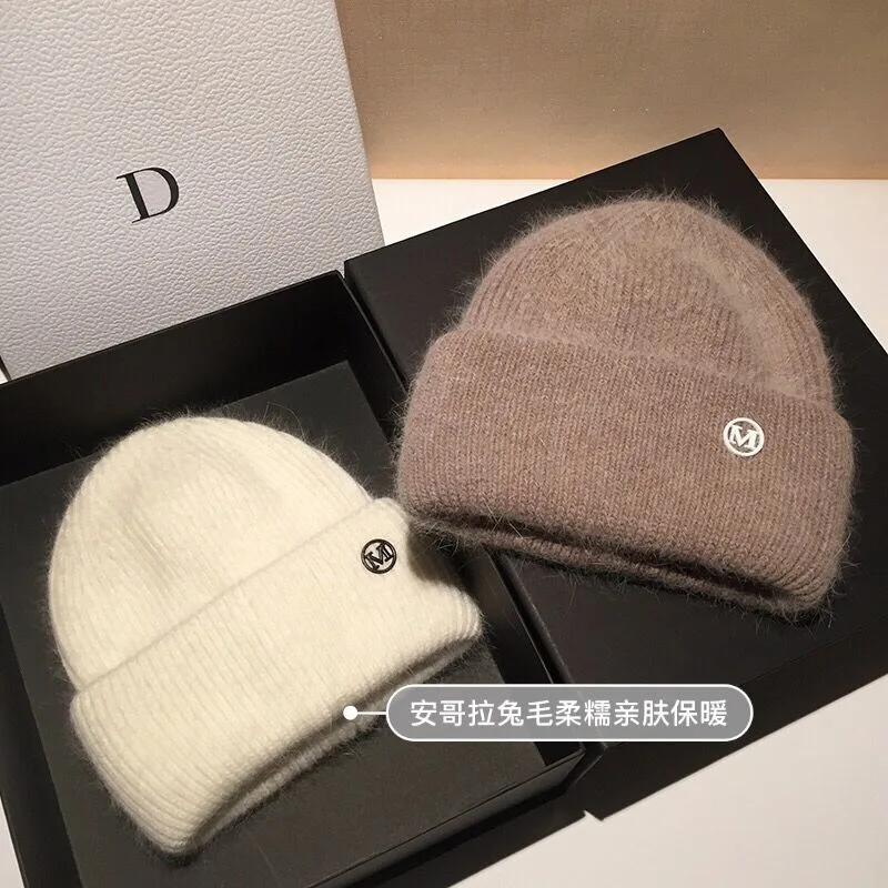 

2021 autumn winter new Women's Hats Thick Warm Knitted Hats Solid Color Letter M Soft Rabbit Hair Skullies Beanies