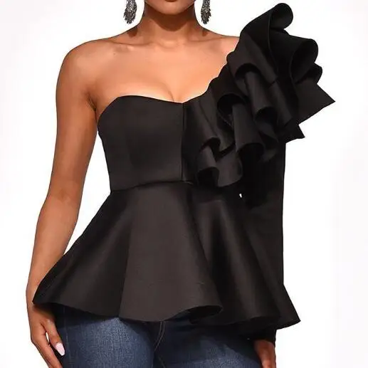 Женская Сексуальная Блузка с открытыми плечами и баской белая черная однотонная