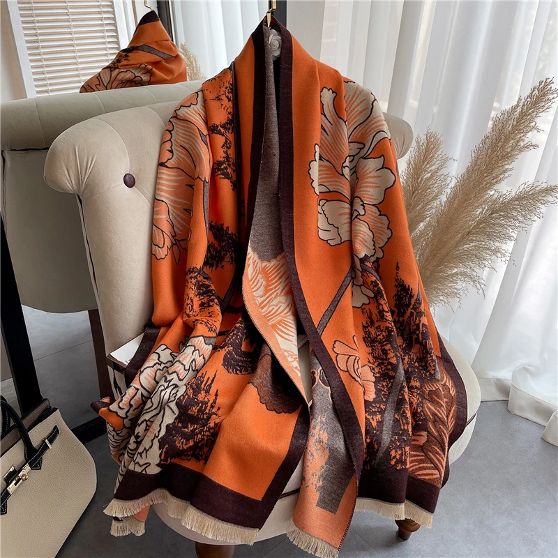 

Retro Floral Scarf Women Witer Cashmere Warm Pashmina Thick Blanket Female Fashion Bufanda Double Sided Stoles 2022 New