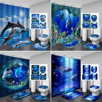 3d dolphin bathroom curtain design waterproof fabric shower curtains set anti skid rugs toilet lid cover bath mat dropshipping