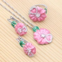 925 sterling silver bridal jewelry set for women wedding stud earrings pendant necklace ring pink enamel crystal jewelry