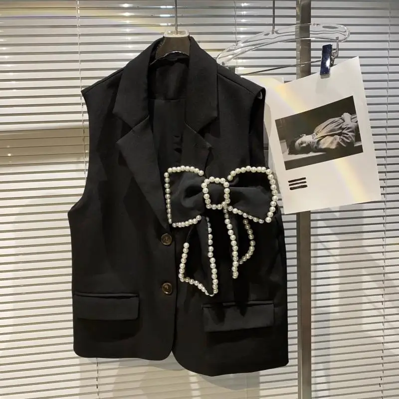 

Big Bow Pearl Edge Heavy Elegant Suit Vest 2021 Spring/Autumn Fashion Simple Single-Breasted Coat Korean Loose Women's Clothing