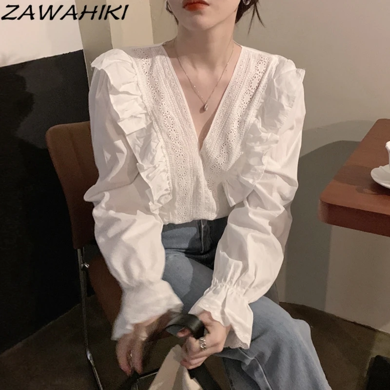 

ZAWAHIKI 2021 Spring Korean Vintage Women's Shirt V Neck Lace Ruffles Patchwork Solid Tops Flare Sleeve Long Sleeve Blouse