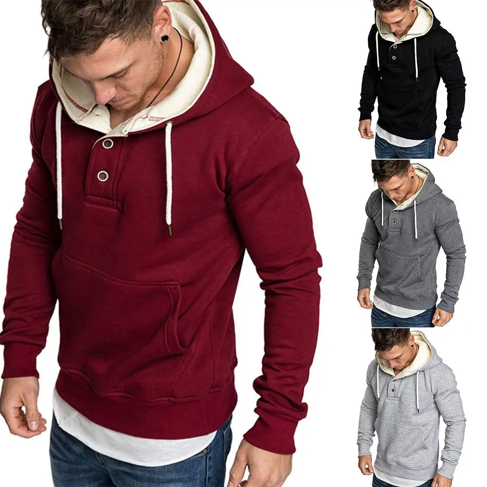 Fashion Men Loose Long Sleeve Button Sport Drawstring Hooded Sweatshirt