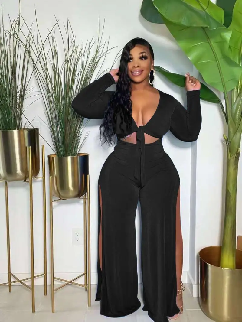 

Women's Jumpsuit Autumn New Long-Sleeved V-Neck Knotted Hollow Wide-Leg Split Pink Jumpsuit Sexy Trousers Party Prom Costume