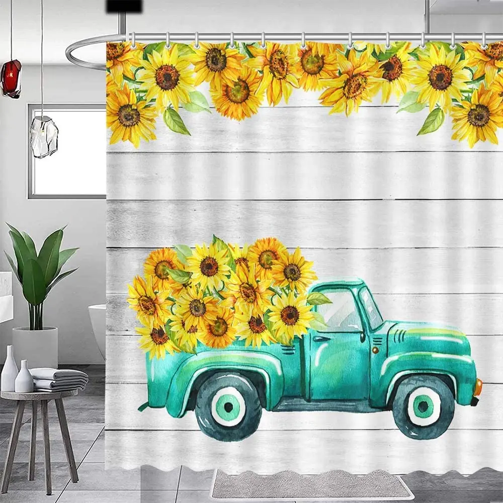 

Sunflower Truck Bathroom Shower Curtain Rustic Wood Decorations Spring Country Fabric Bathroom Curtain Home Decor Polyester Hook