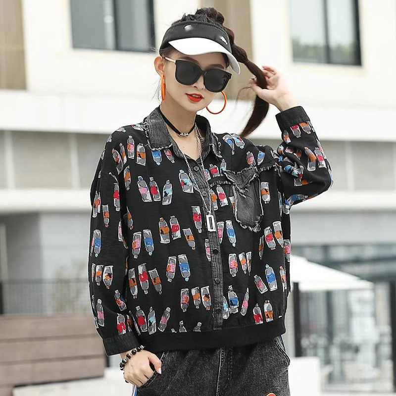 Женская Джинсовая блузка в стиле пэчворк Max LuLu черная винтажная Свободная