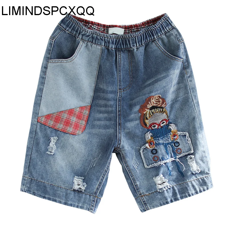 

LIMINDSPCXQQ 2021 Street Style Summer Women Patchwork Embroidery Denim Pants Vintage Casual Jeans Girls Loose Straight Shorts