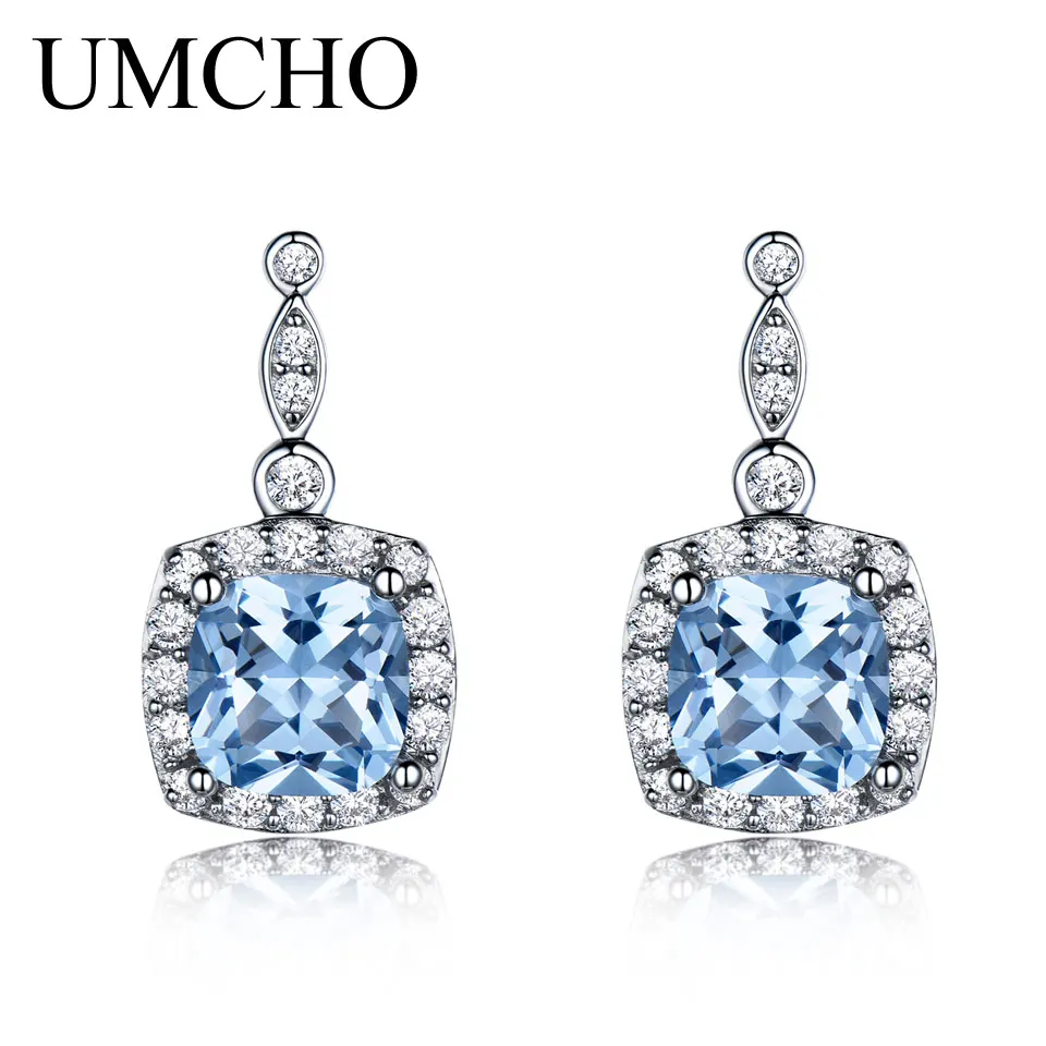 UMCHO Solid 925 Висячие серьги из серебра 925 пробы для женщин Небесно-Голубой топаз драгоценный камень хорошее ювелирное изделие подарок на Рождество и вечеринку хорошее ювелирное изделие