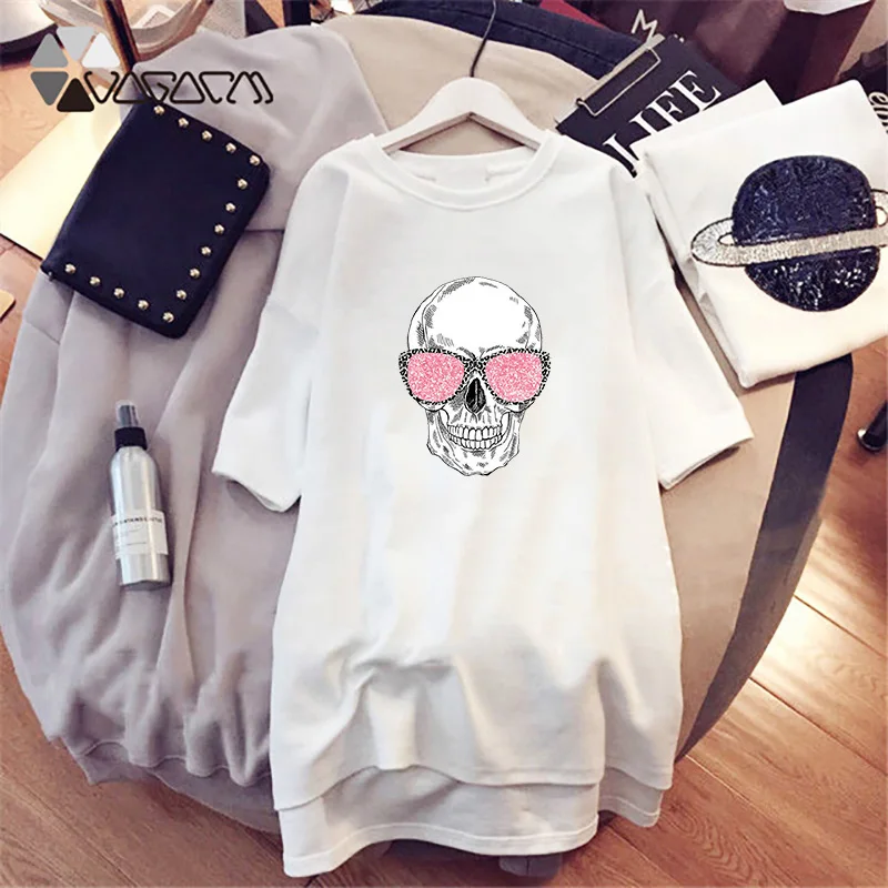 

Cartoon Sleepwear Women Skull Print Mini Night Dress Short Sleeve Loose Summer Tshirt Vintage White Black Clothes