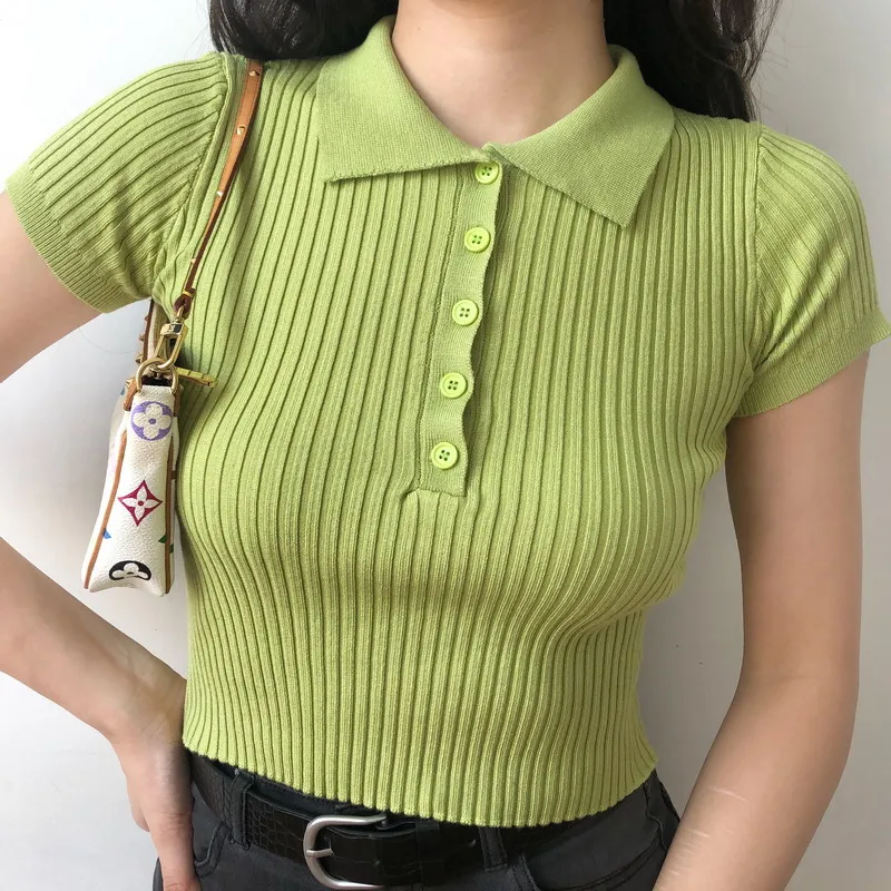 

Винтажная Футболка-поло с воротником, трикотажная облегающая футболка с коротким рукавом и высокой талией, открытая пупчатая кофта