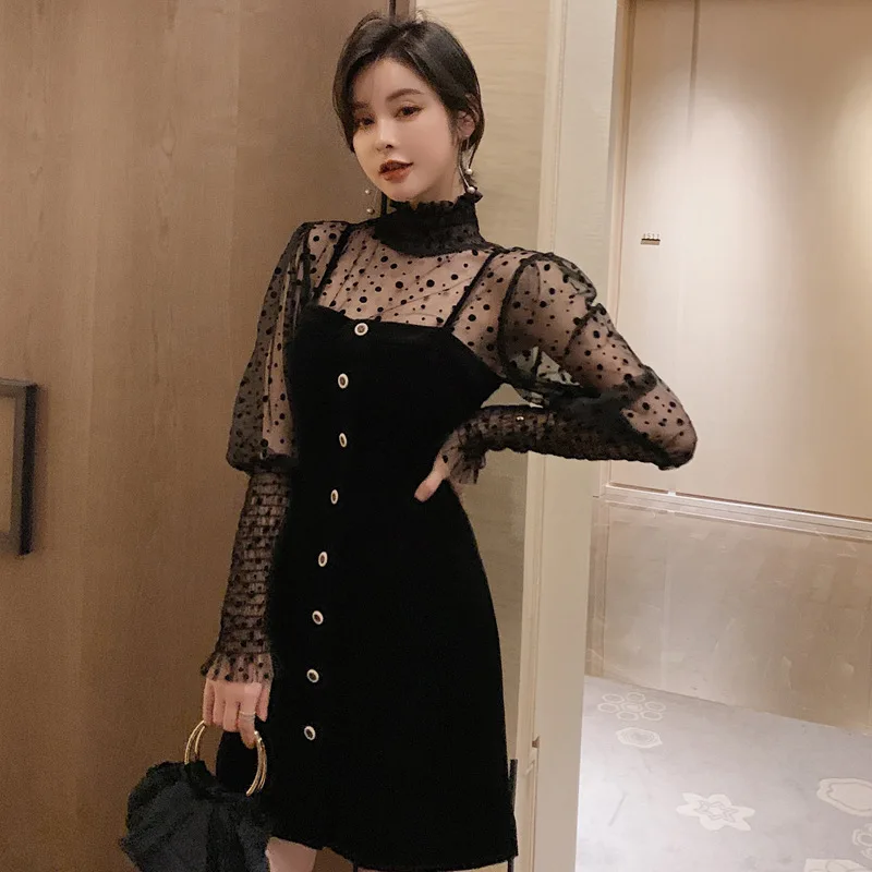 

Комплект из 2 предметов, топ с высоким воротником и черное платье миди на бретелях-спагетти, элегантные офисные женские сексуальные вечерние костюмы, 2021