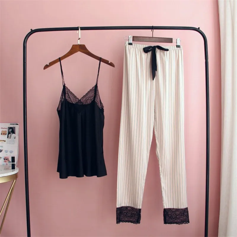 

Spring Women Sexy Lace Trim Satin 3Pcs Pajamas Gown Set V-Neck Cami Robe Pants Homewear Nightwear Nightdress