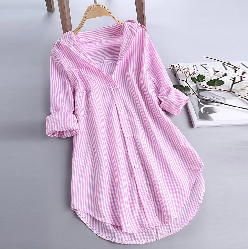 

Women Blouses Chic Stripe Long Sleeve Turn-down Collar Button Loose Top Shirts Blouse Tops Blusas Mujer Verano Blusen