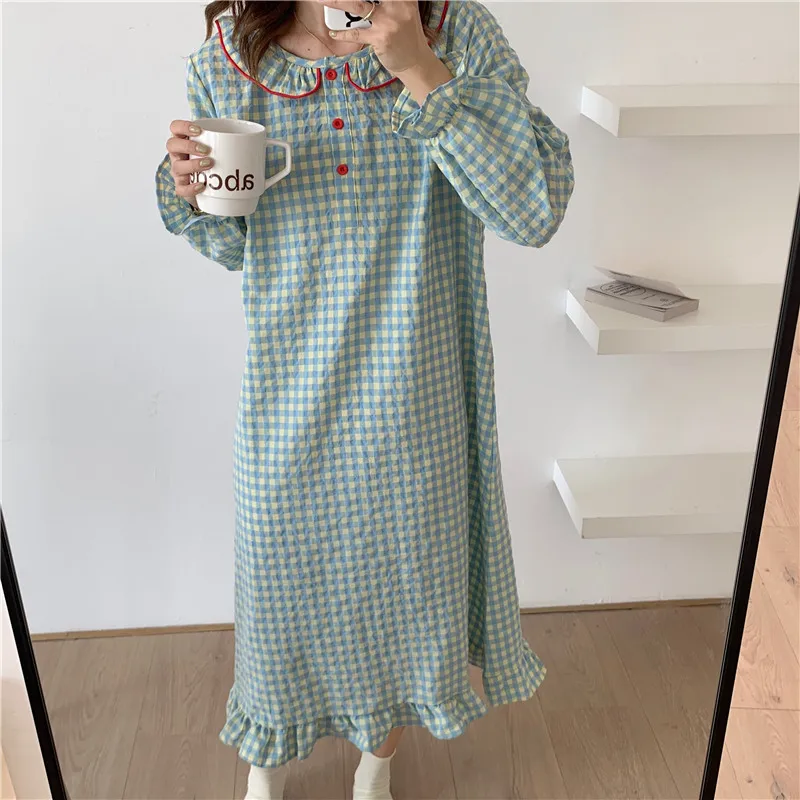 

green yellow plaid nightshirts women long sleeve loose home clothes korean peter pan collar nightgowns ruffles cotton L669