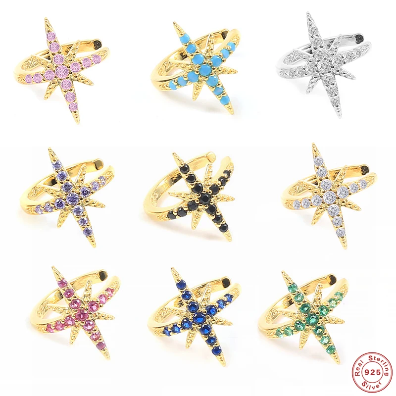 

GS Star Shape Colored Zircon Ear Cuffs for Women Charming Crystal No Piercing Clip on Earrings Jewelry 925 Sterling Silver