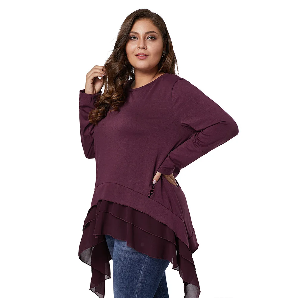 Женские рубашки большого размера с оборками асимметричный подол Круглый Вырез