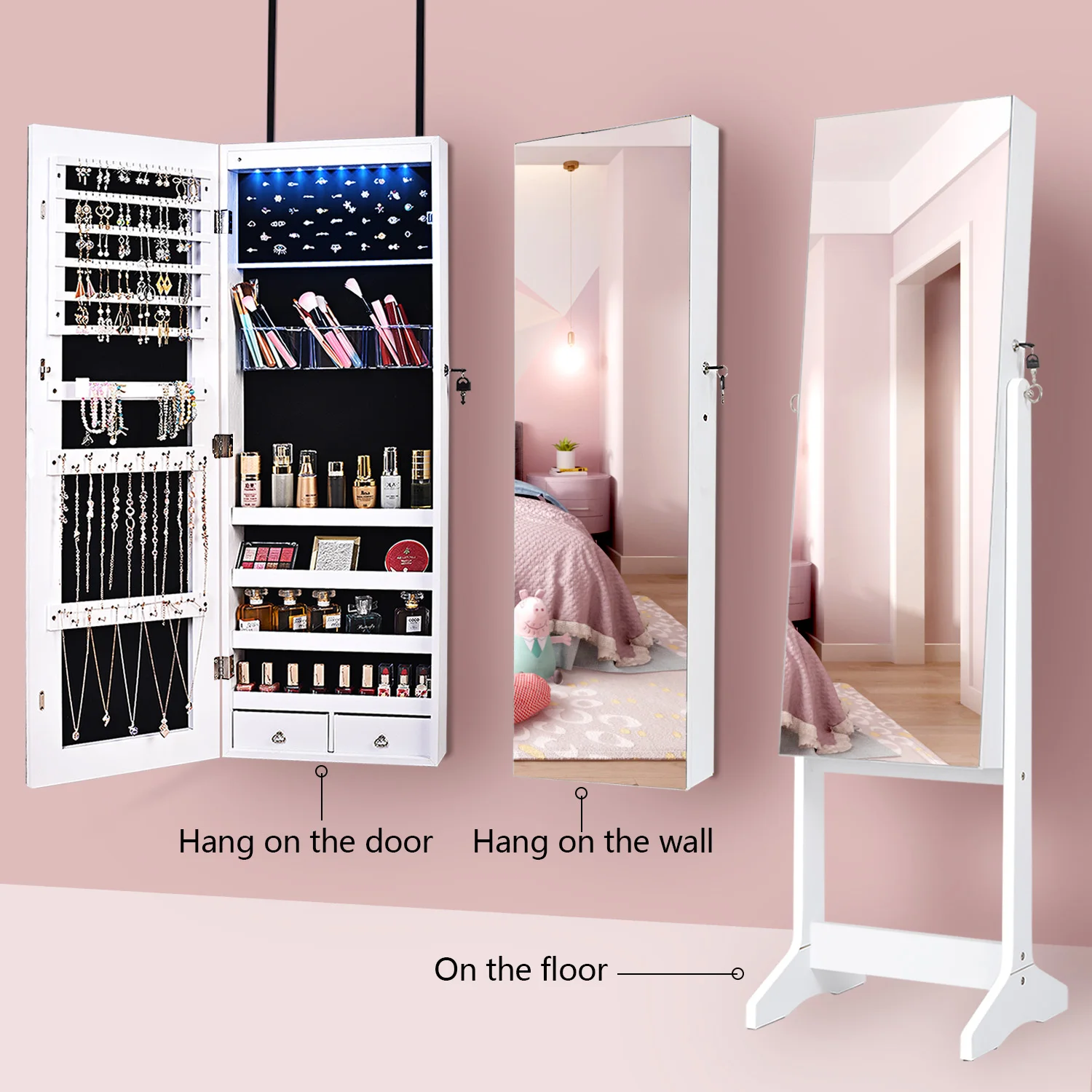 

8 LED Jewelry Organizer Cabinet with Full-Length Body Mirror Wall Door Mounted Jewelry Armoire, Lockable Storage Cabi Jnet JJ14