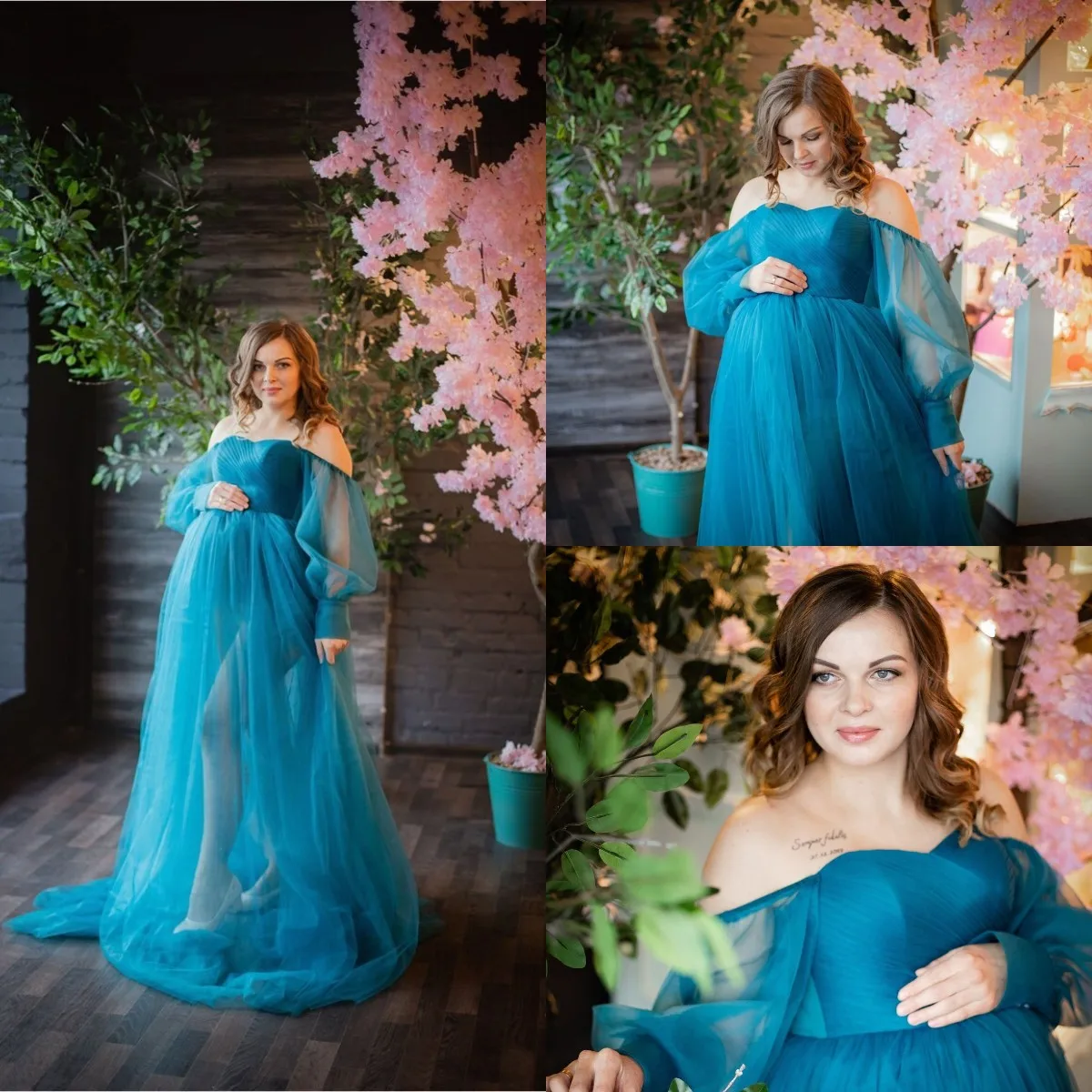 

Blue Petrol Tulle Maternity Dress Pregnancy Gown for Photoshoot Off Shoulder Extravagant Maternity Photoshoot Gowns