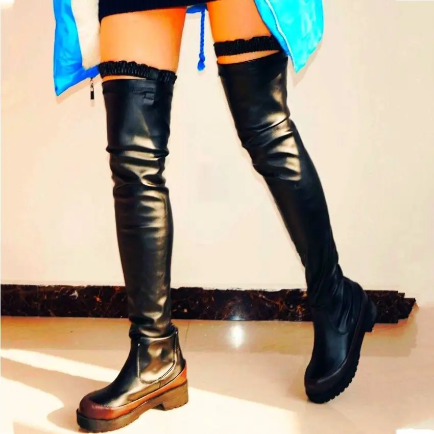 

Punk Goth Thigh High Boots Women Stretchy Over the Knee Booties Flat Heel Round Toe Party Slim Leg Booties EUR 34 - 43