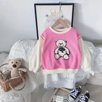 1 11y children pullover teen cartoon bear print sweatshirt casual loose fake two knit pullover round collar long sleeve clothes