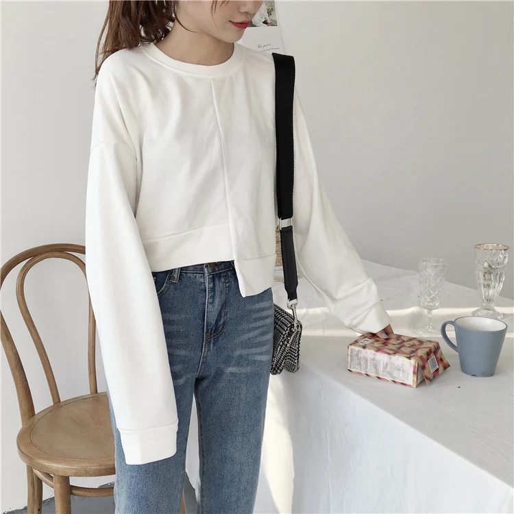 

sweet o-neck loose full black Korean style ladies tops fashion brand Women's Clothing Spring and autumn Sweatshirts temperament