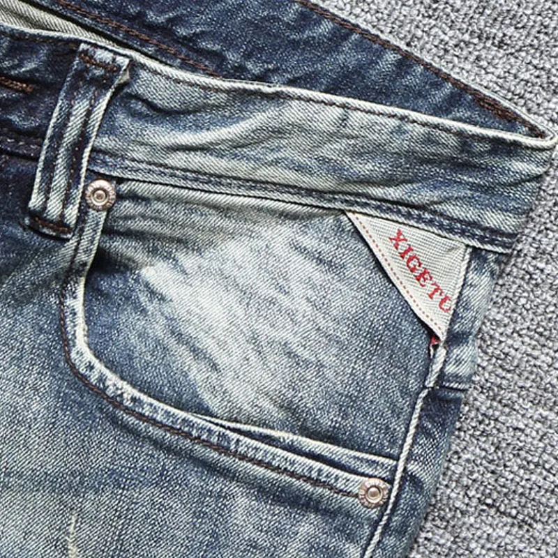 European Street Fashion Men Jeans Retro Gray Blue Elastic Slim Fit Ripped Jeans Men Vintage Designer Stretch Casual Denim Pants