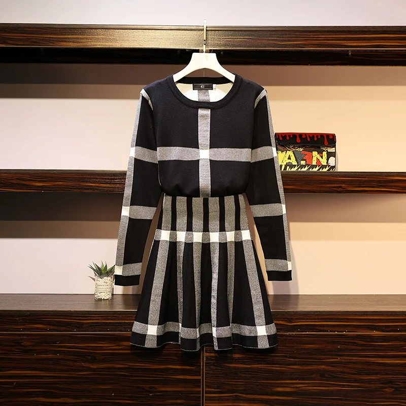 Женское платье большого размера модный тонкий вязаный свитер + юбка осенний