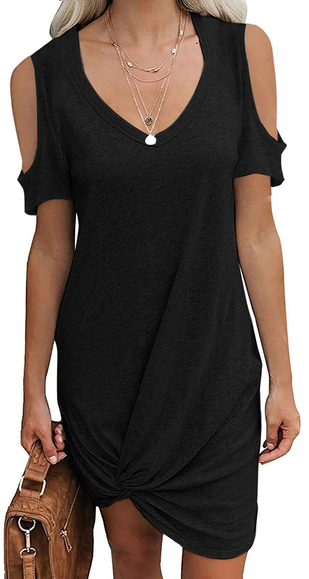

Amazon sold short sleeve summer new pure color spring/summer dew shoulder kink T-shirt dress dress
