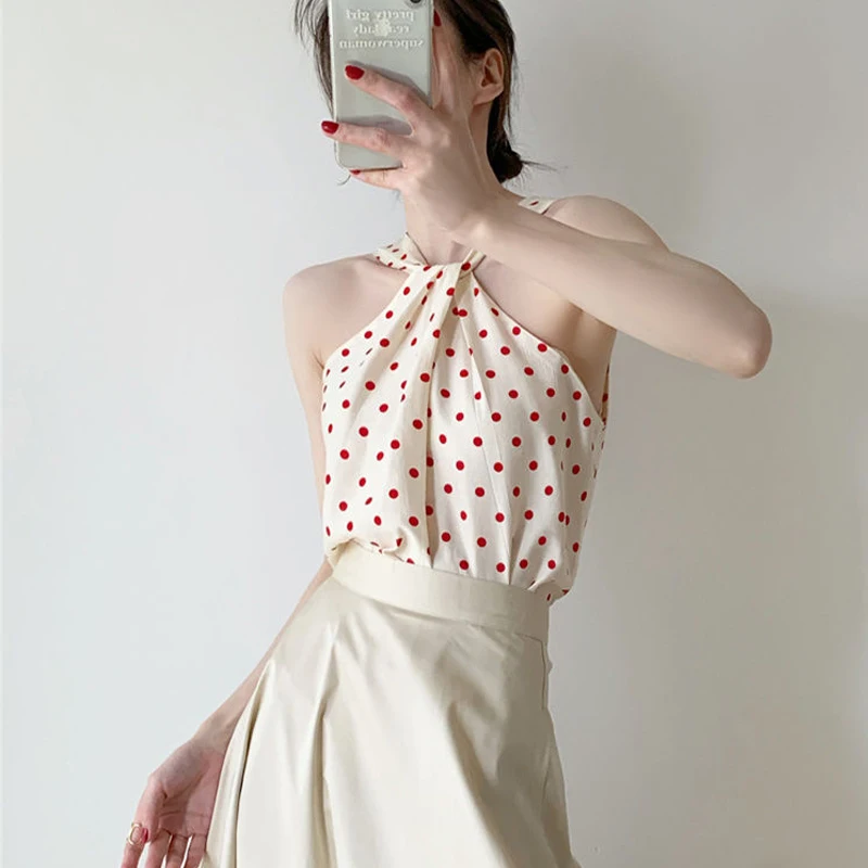 Женский шифоновый топ с открытой спиной привлекательный милый жилет в горошек