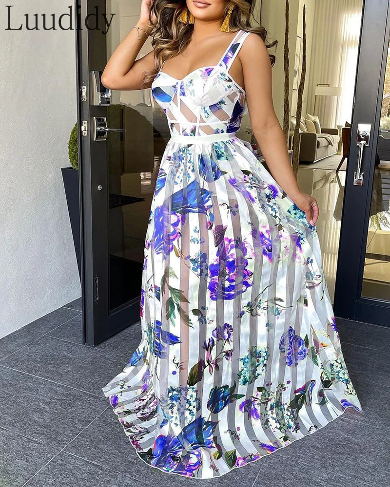 

Women Sexy Mesh Patchwork Floral Print Sleeveless See Through Maxi Dress