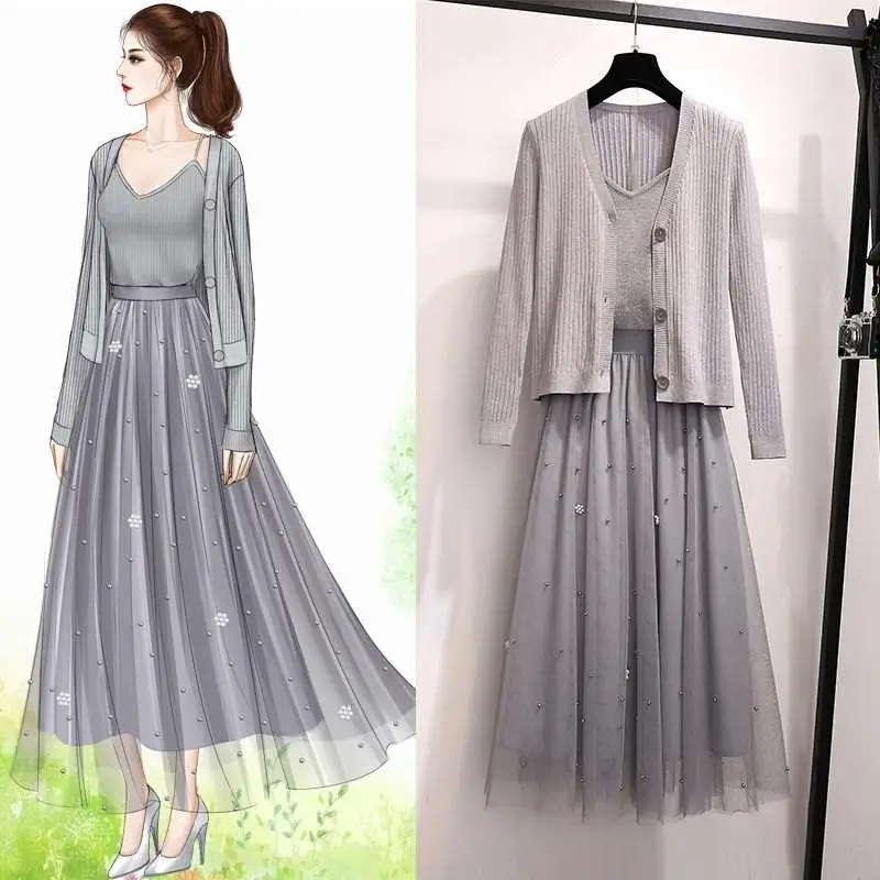 2020 Spring Summer Women Three Piece Sets Casual Knit Cardigan And Tank Tops + Elastic Waist Beaded Mesh Skirt Suit R172 |