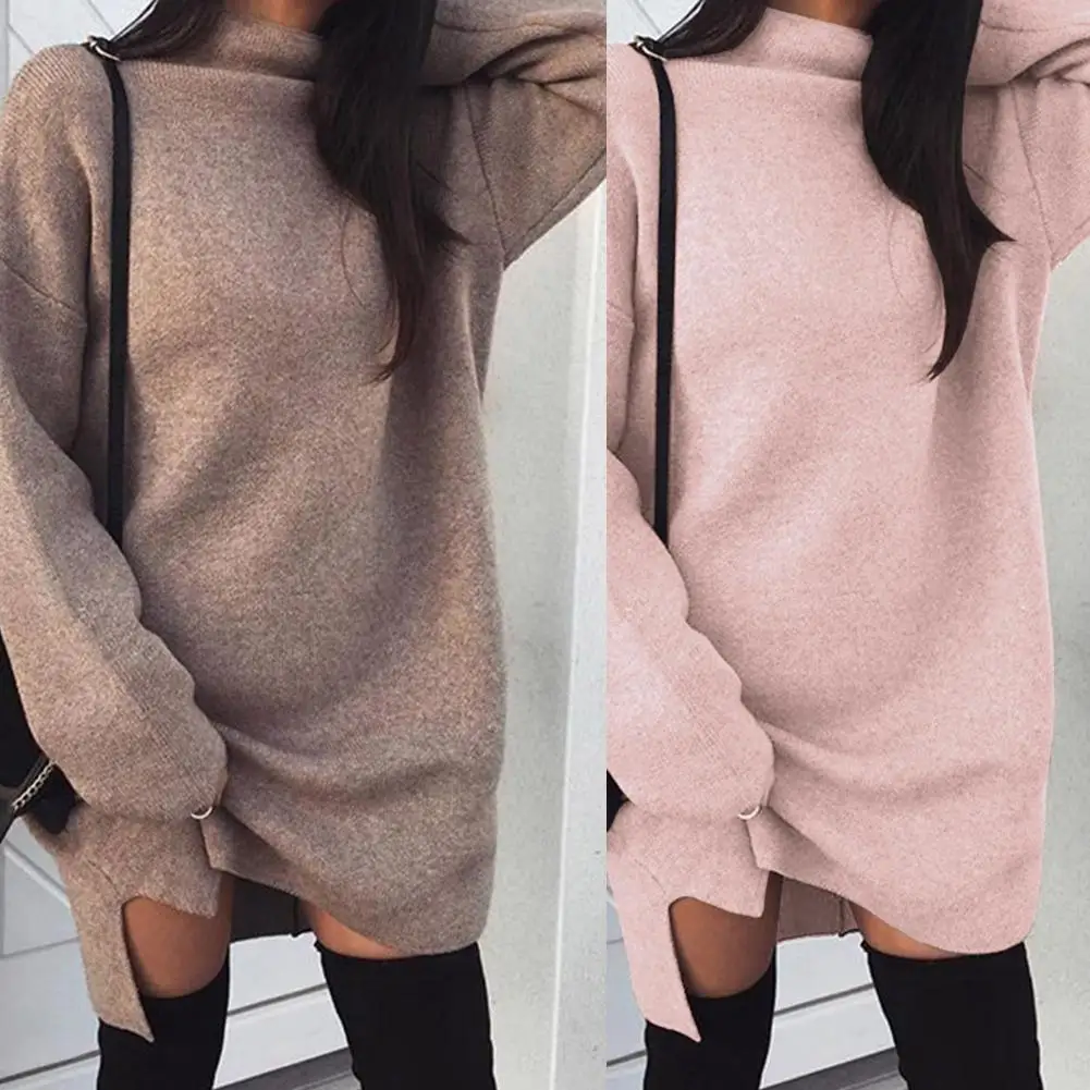 Женское платье свитер осень зима с длинными рукавами и высоким воротом стороне