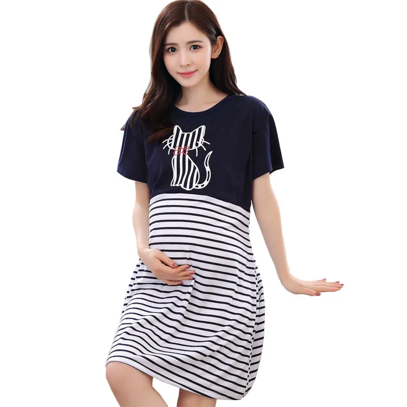 Пижама для кормящих женщин летняя в полоску с изображением кота |