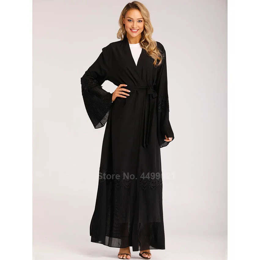 

Middle East Woman Muslim Islamic Clothing Pleated Lace Black Kaftan Robe Dess Arab Elegant Bell Sleeve Ethnic Ramadan Prayer
