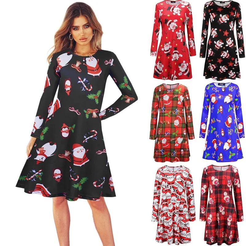

Christmas Round neck midi dress printing Autumn and winter dresses Long sleeve Floral Casual Plus size women's clothing