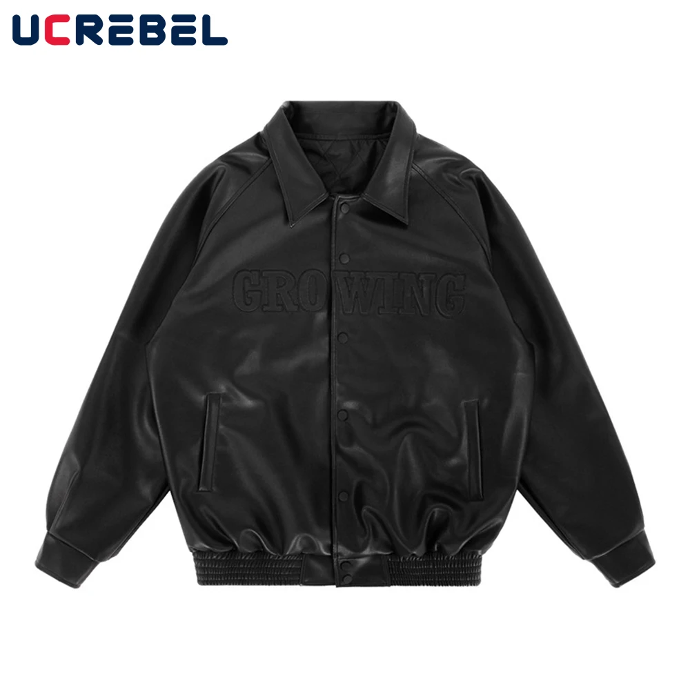 

Letter Embroidery PU Leather Jacket Mens Autumn Casual Lapel Coach Jacket Streetwear Loose Outerwear Men
