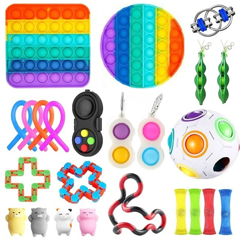 

24pcs Fidget Toy Set Anti Anixety for Children Wacky Tracks Kawaii Mochi Marble Mesh Push Bubble Fidget Pad for Girls Boys