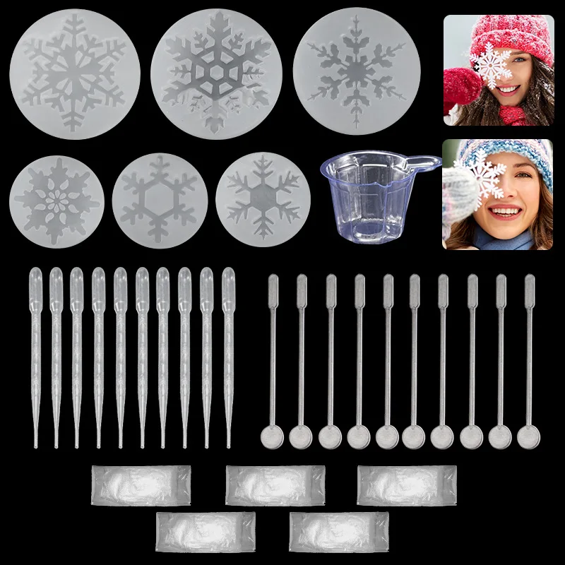 

Crystal Epoxy Silicone Mold Christmas Snowflake Decoration Pendant Casting Mould with Dropper Stirring Spoon Fondant Mold Set