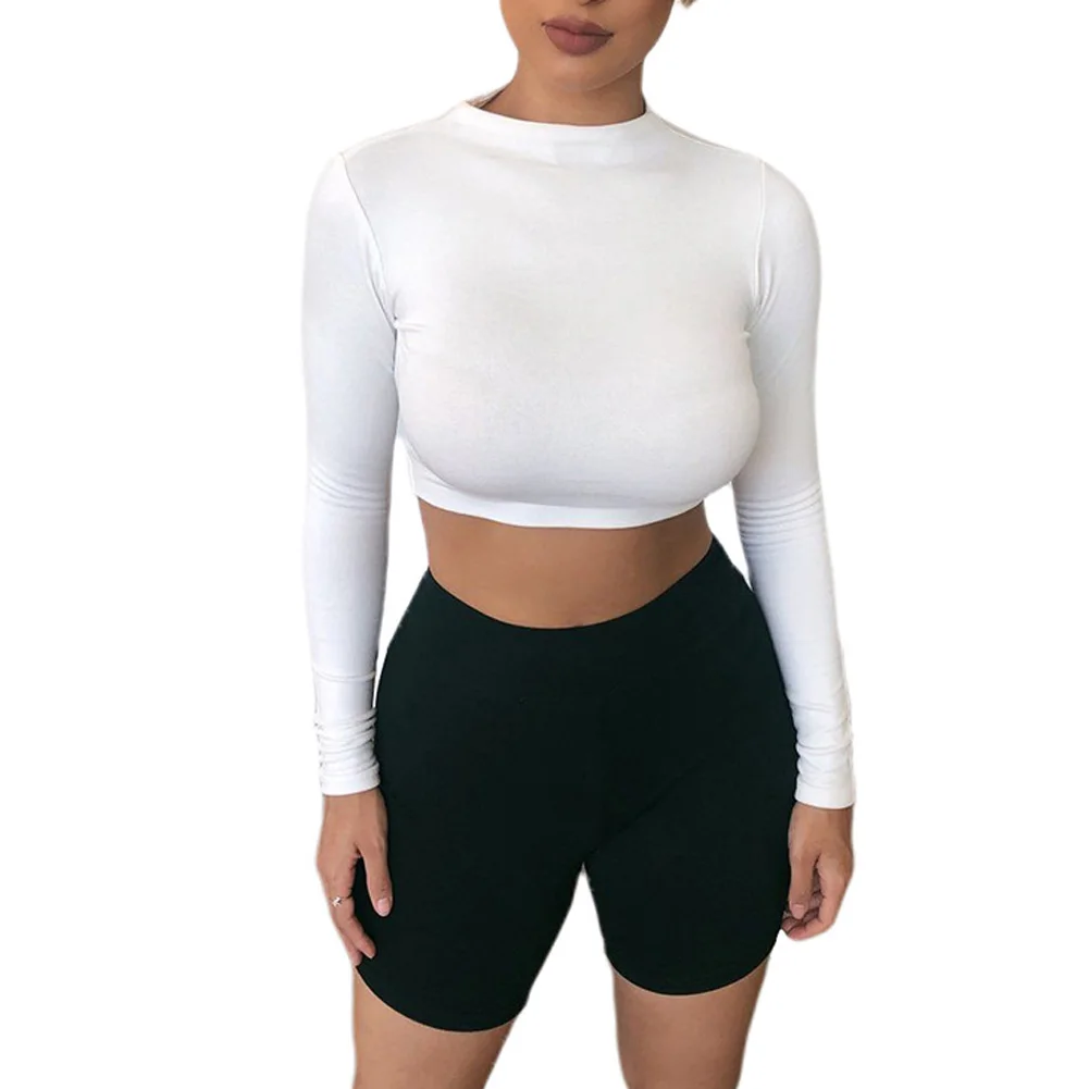 

Female T-Shirt, Solid Color Round Neck Long Sleeve T-Shirt Women\u2019 s Crop Top, Wine Red/Black/Blue/White