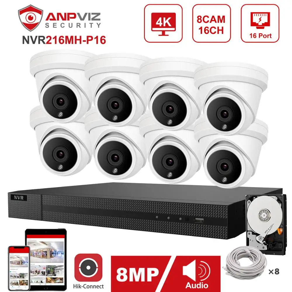 

Hikvision OEM 16CH 4K NVR Anpviz 8MP POE IP Camera System Indoor/Outdoor 8pcs Turret IP Camera Security System Kit IP66 30m P2P