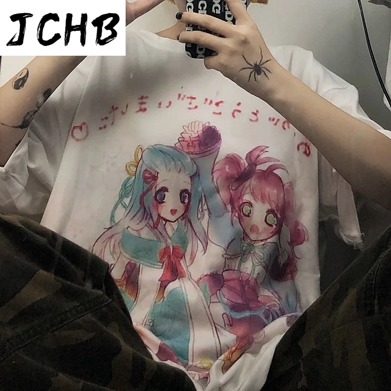 

2021 Clothes Cartoon t Shirt Short Sleeve Women Clothing Streetwear Print Loose Tops Korean Summer Preppy White Tshirt