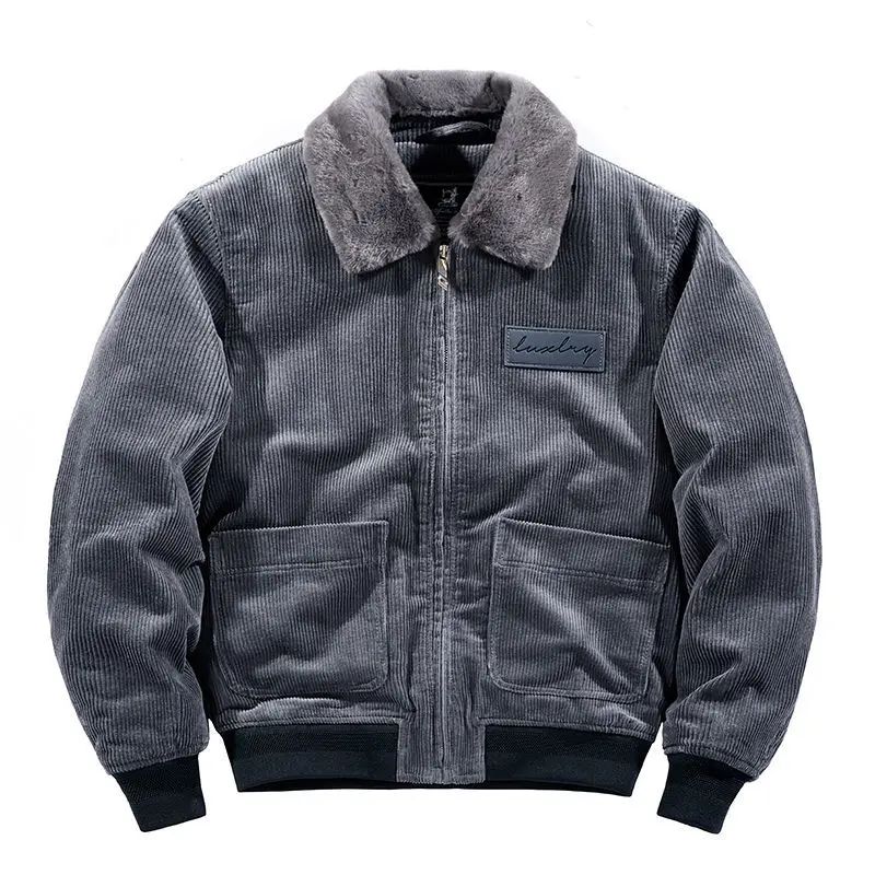 2022 Winter Corduroy Padded Cotton Padded Jacket Tooling Coat Male Big Fur Collar Lapel Retro Jacket Bomber Clothing Plus Size