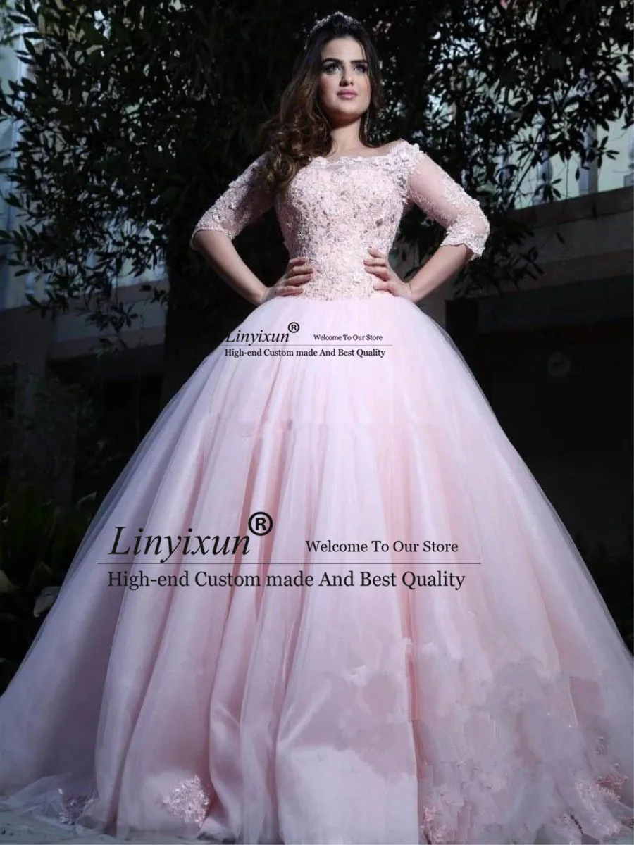 

Modest Pink Ball Gown Quinceanera Dresses Bateau Neck 3/4 Sleeves Lace Tulle Corset Lace Up Sweet 16 Dresses Prom Dresses