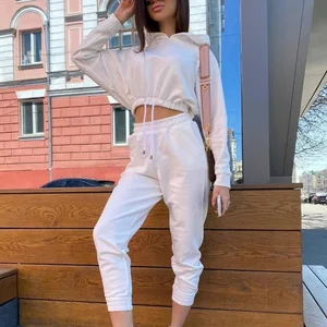 Женский спортивный костюм NORMOV, однотонный укороченный топ с капюшоном и рукавами летучая мышь, свободного кроя, до икры, повседневный спортивный костюм