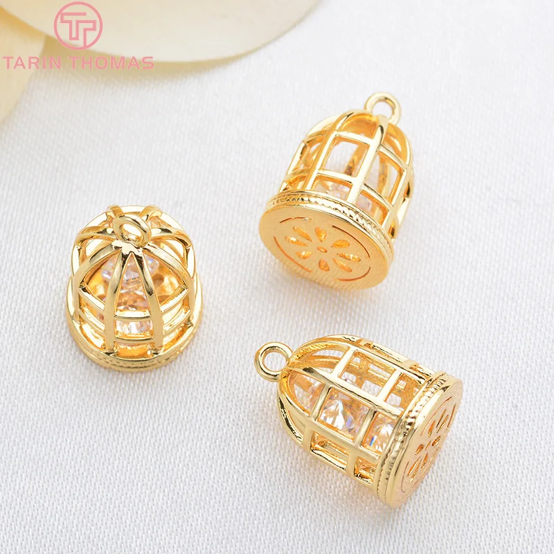 Латунные подвески в виде птичьей клетки с цирконом 6 шт. 12 Х9 мм 24 кар золотистого