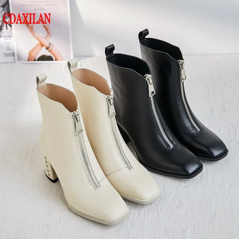 CDAXILAN/новые женские полусапожки из натуральной коровьей кожи на квадратном