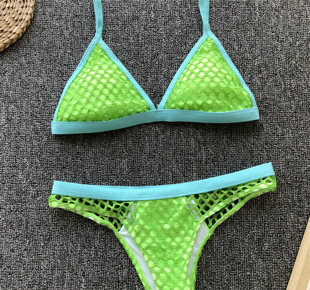 Women Summer Fish Net Swimsuit Hollow Out Sexy Padded Push-up Bikini Set Female Fashion Mesh Swimwear Beachwear |