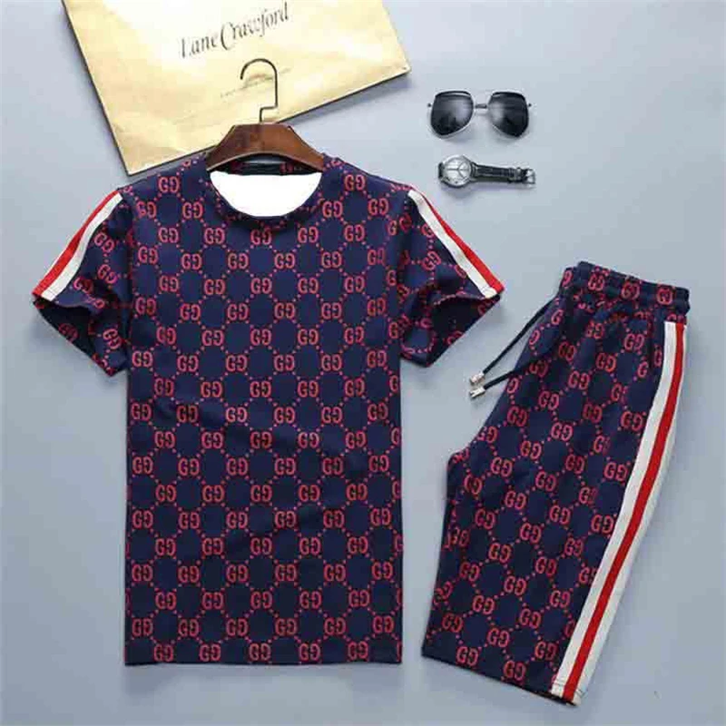 

2021 Summer GG T-Shirt Pants Set Casual Brand Fitness Jogger Pants T Shirt Hip Hop Fashion Men's Tracksuits 2-Piece Set