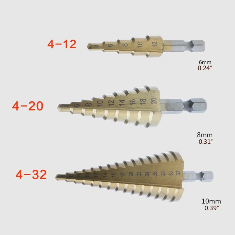 

3pcs HSS Titanium Coated Step Drill Bit 4-12 4-20 4-32 Drilling Power Tools Metal High Speed Steel Wood Hole Cutter Cone Drill